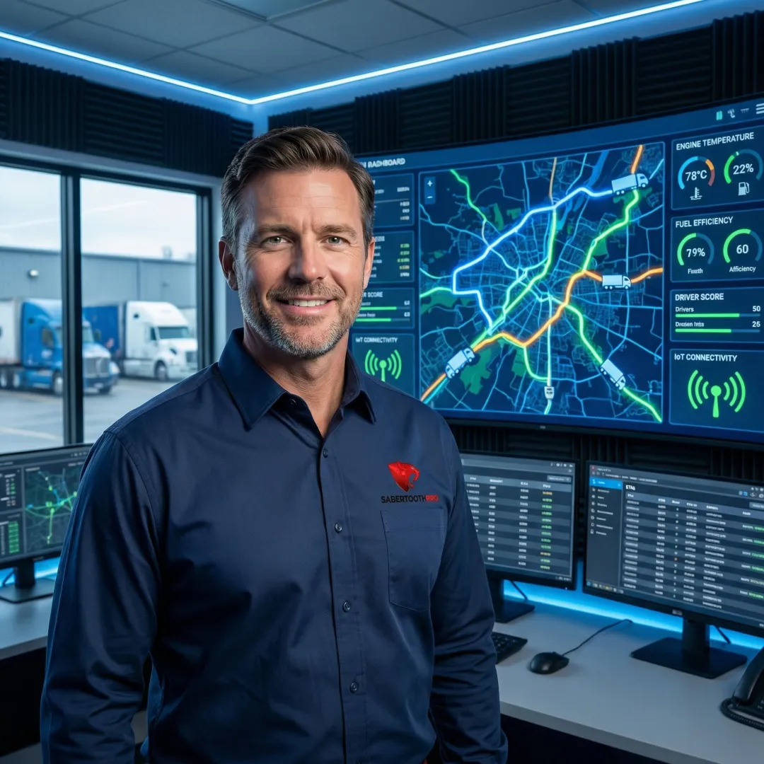 Fleet manager reviewing real-time vehicle tracking dashboard with multiple trucks on digital map