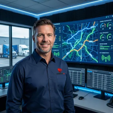 Fleet manager reviewing real-time vehicle tracking dashboard with multiple trucks on digital map