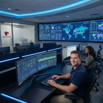 Enterprise network operations center displaying real-time SD-WAN and SASE monitoring dashboards