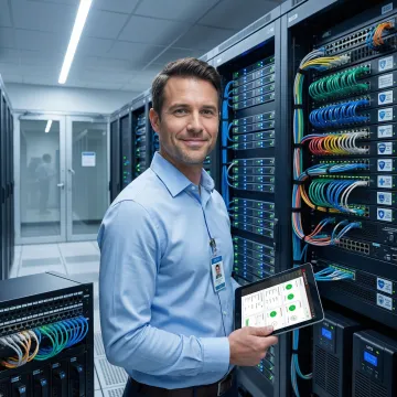 Healthcare IT professional reviewing secure server infrastructure in compliant data center