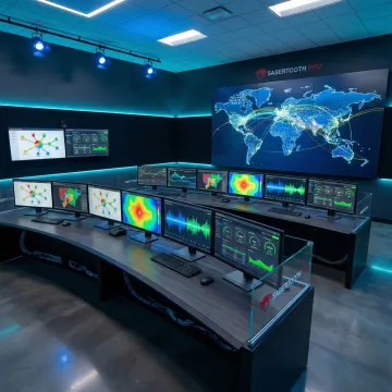 Modern enterprise network operations center with SD-WAN dashboard and 5G connectivity monitoring