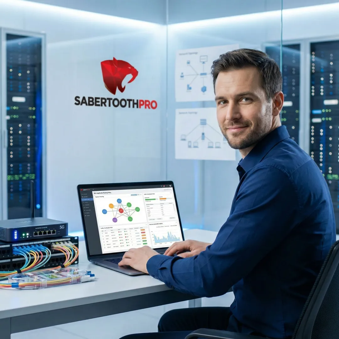 Network engineer configuring SD-WAN policies on laptop with 5G router equipment