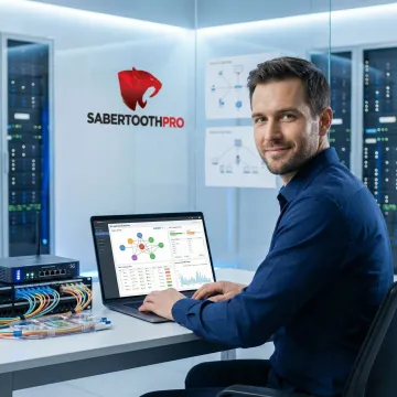 Network engineer configuring SD-WAN policies on laptop with 5G router equipment