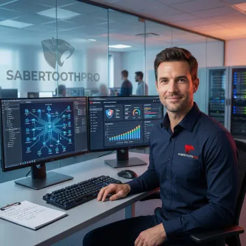 Technology consultant reviewing network performance metrics on multiple monitors