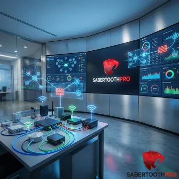 Secure IoT network infrastructure with connected devices and cybersecurity monitoring dashboard