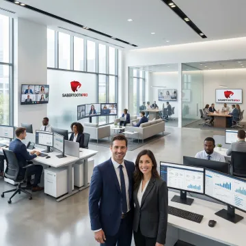 Modern financial services office with professionals using unified communications technology