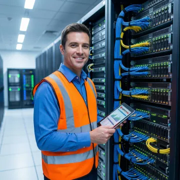 Data center technician performing remote hands support in colocation facility server rack