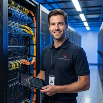 Data center technician documenting server installation in colocation facility
