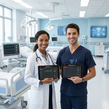 Connected medical IoT devices in modern hospital environment with healthcare professionals monitoring patient data