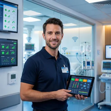 Healthcare IT professional configuring secure IoT network for connected medical devices