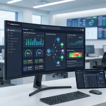 Cloud-based contact center dashboard showing real-time analytics and performance metrics