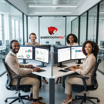 Modern cloud contact center operations with agents using headsets and multiple screens