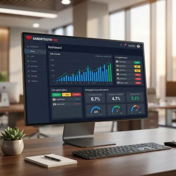Cloud contact center dashboard showing real-time call metrics, agent performance statistics, and campaign analytics