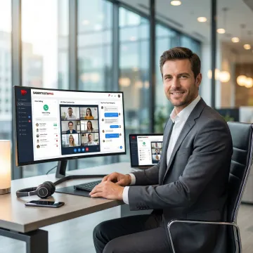Business professional using unified communications dashboard with integrated voice and video tools