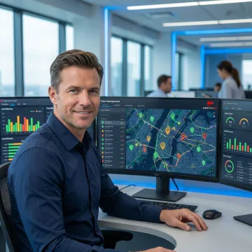 Logistics coordinator monitoring real-time fleet tracking dashboard with IoT data