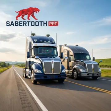 Fleet of commercial trucks equipped with IoT tracking devices on highway