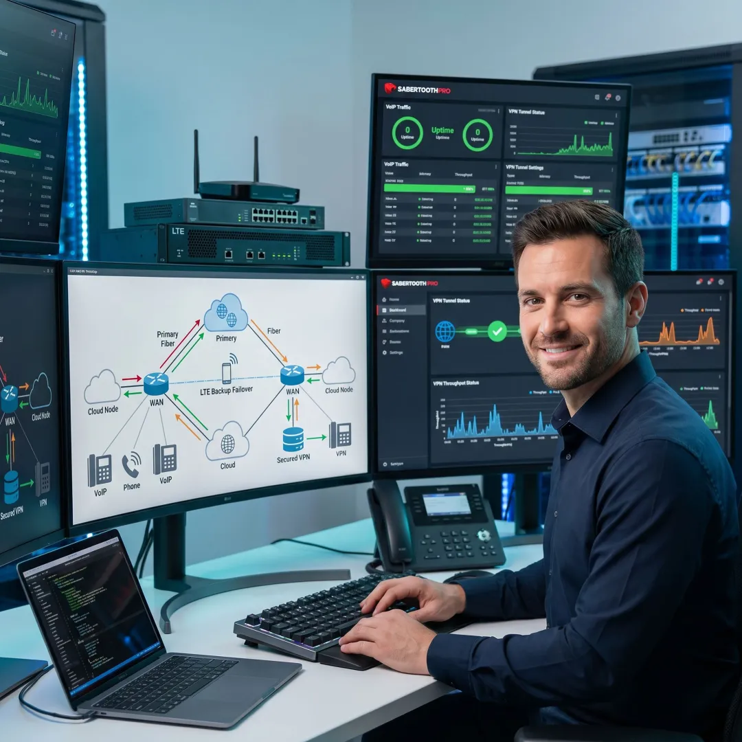 Technician reviewing failover internet network process