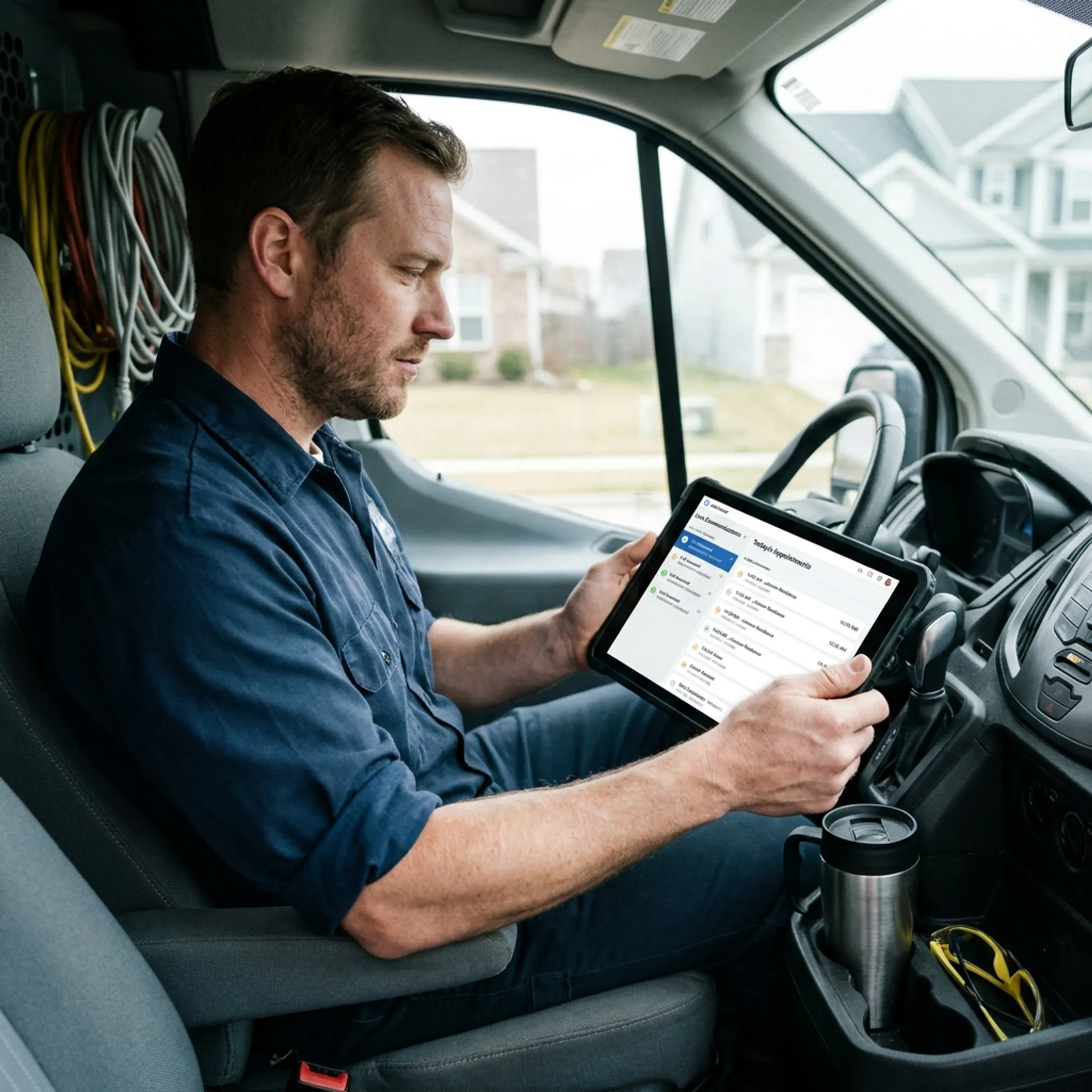Electrician reviewing customer appointments while a virtual receptionist system manages incoming inquiries