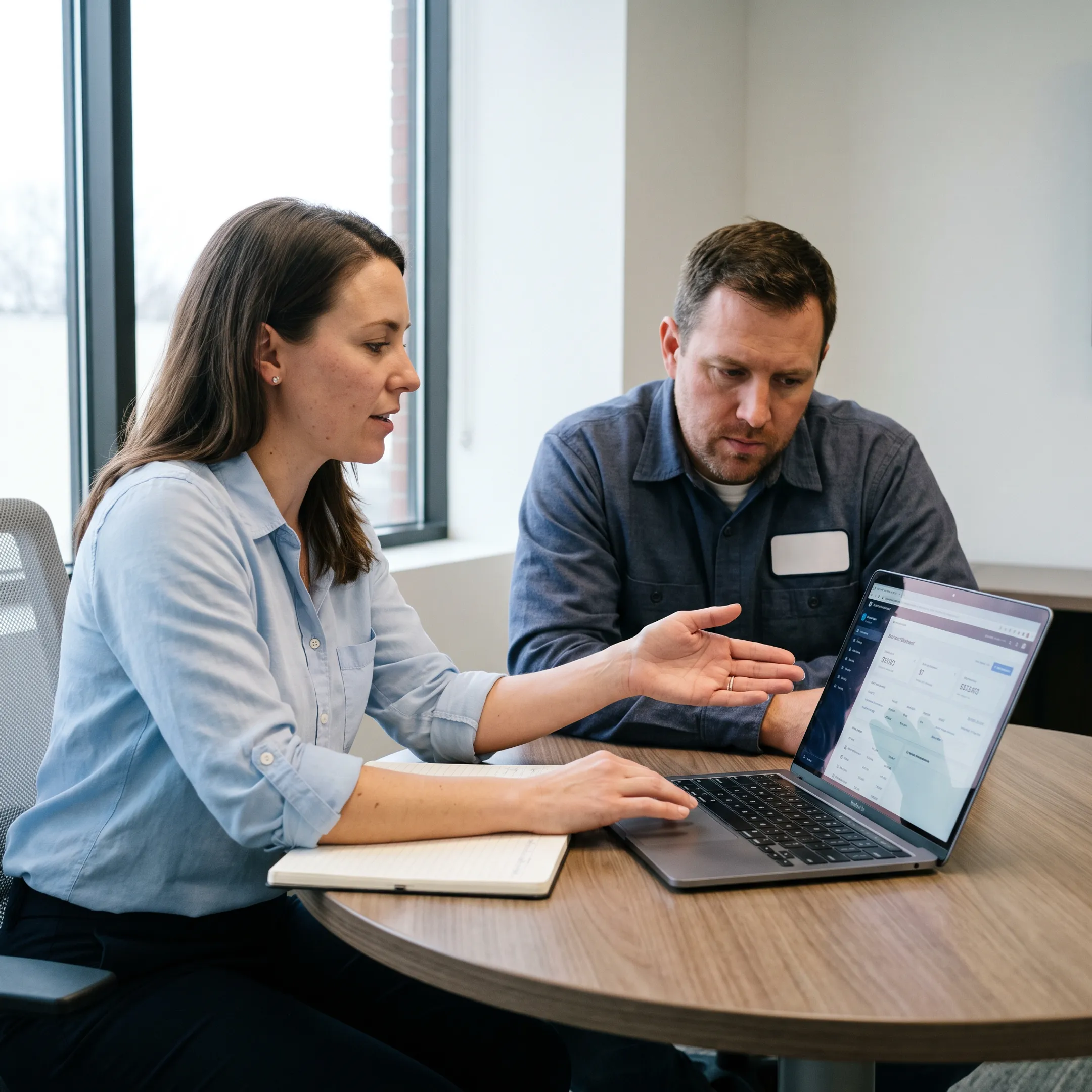 Electrician reviewing customer call support options with technology advisor