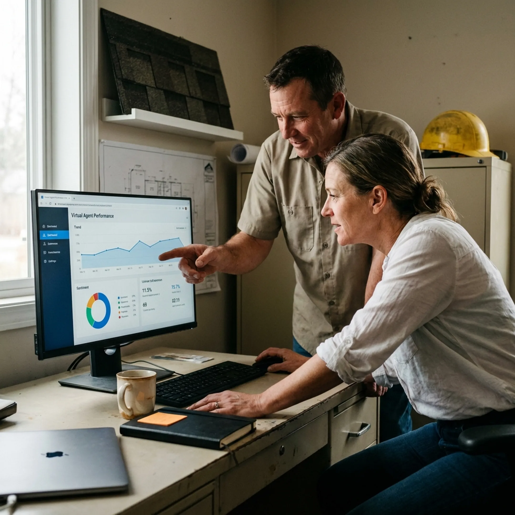Roofing business team reviewing AI call answering and customer communication analytics