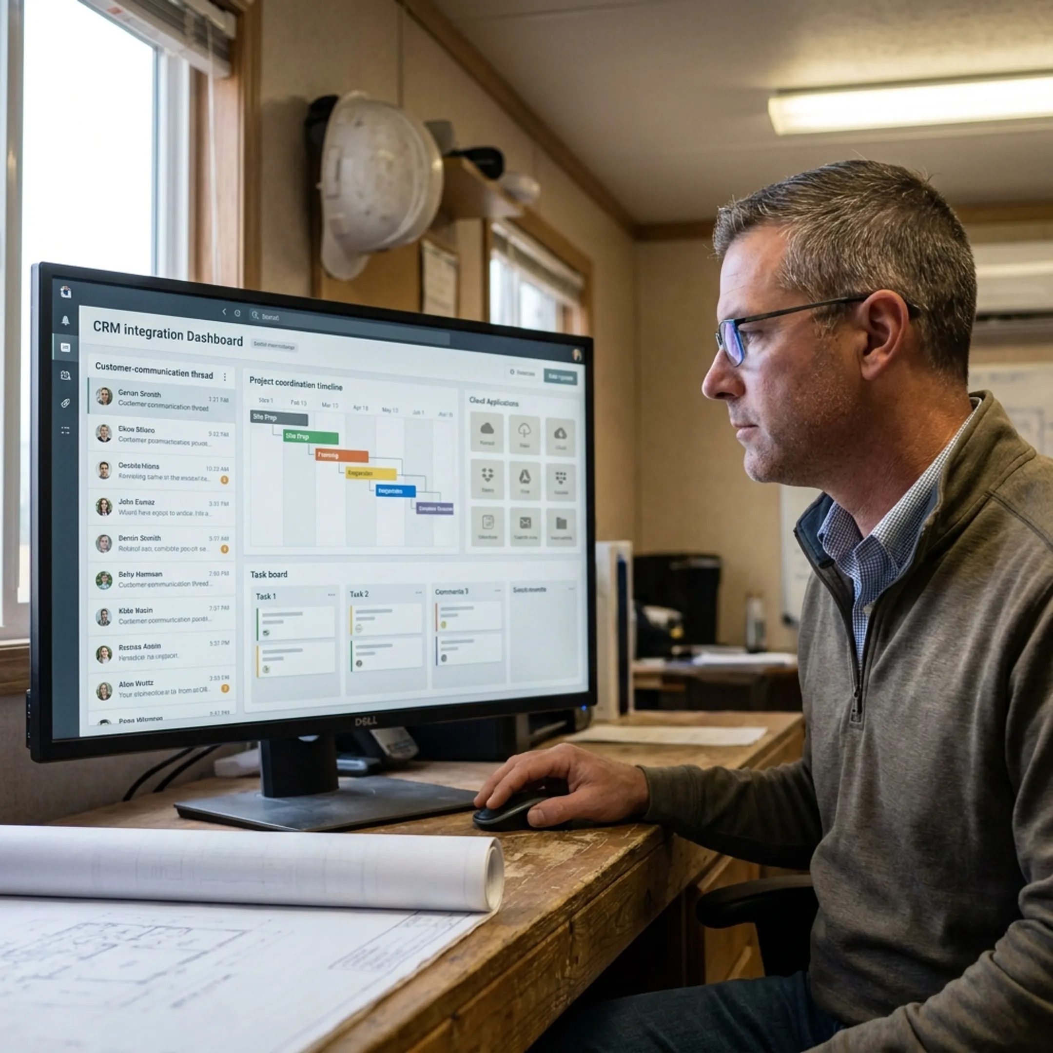Contractor using integrated CRM and communication software to coordinate project activities