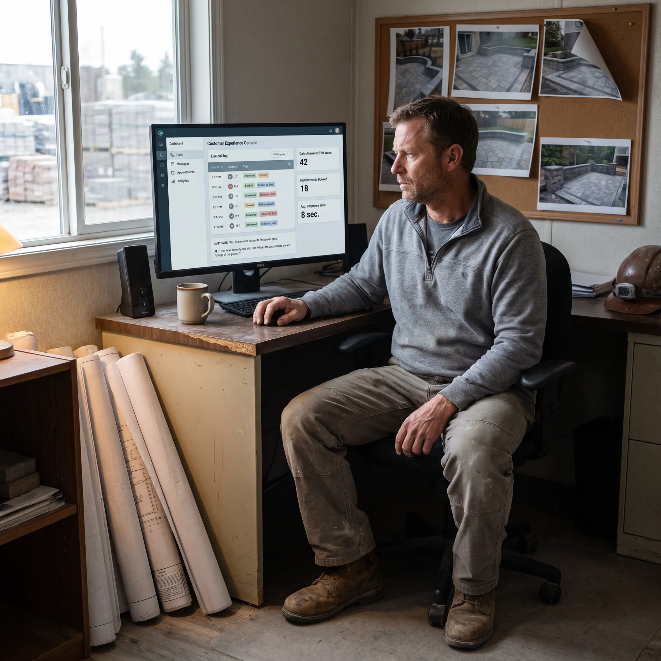Hardscape contractor reviewing AI call management software