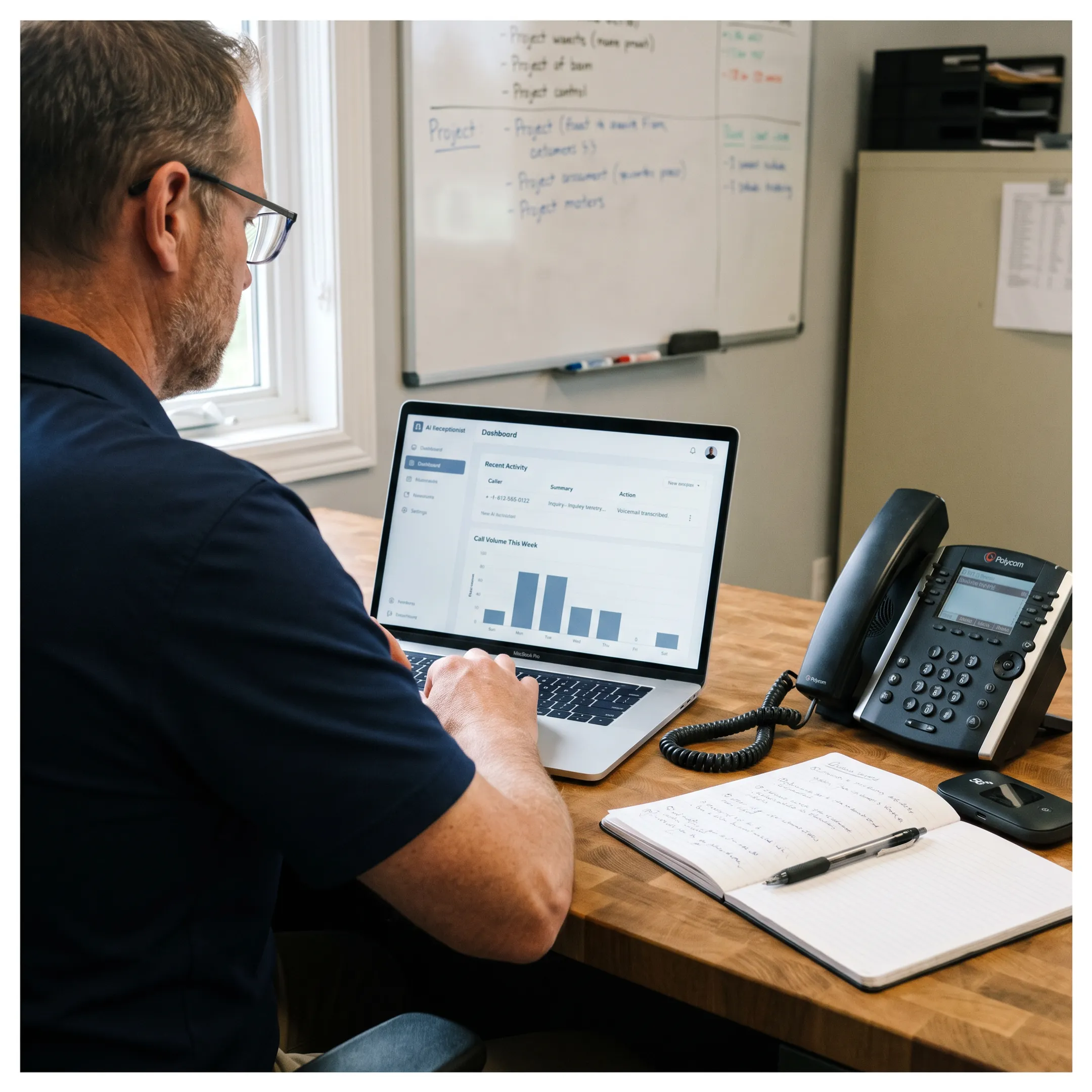 Contractor reviewing AI receptionist call management tools