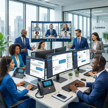 Enterprise team collaborating via cloud phone system with video conferencing and unified communications