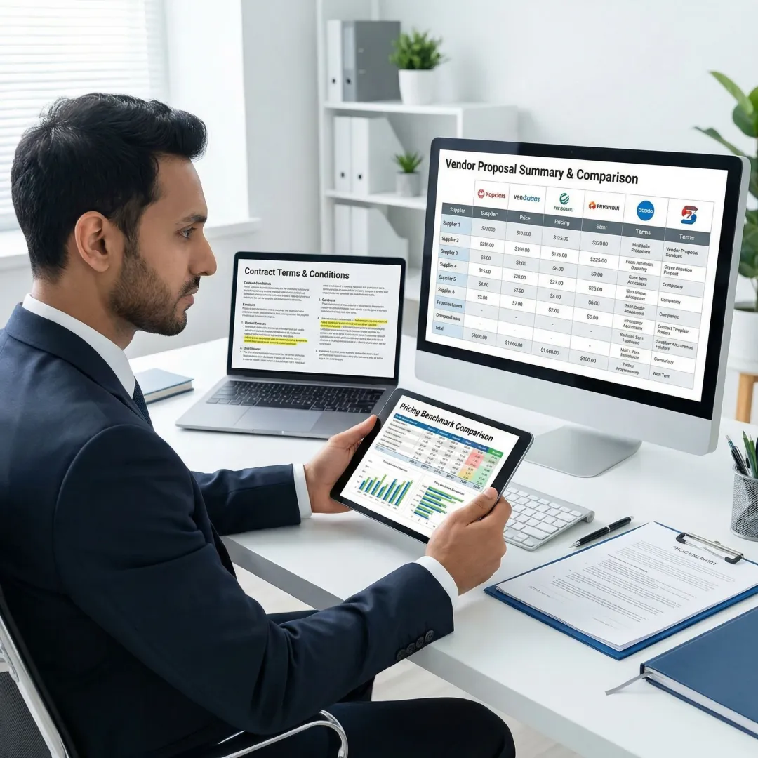 IT procurement consultant reviewing vendor contracts and technology pricing benchmarks on dual monitors