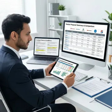 IT procurement consultant reviewing vendor contracts and technology pricing benchmarks on dual monitors