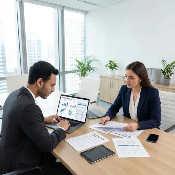 Business professionals reviewing IT vendor contracts and procurement documents at modern office desk