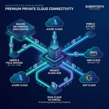 Private cloud network architecture diagram showing secure connections