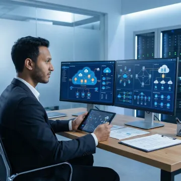 IT consultant reviewing digital transformation strategy on multiple monitors with network diagrams