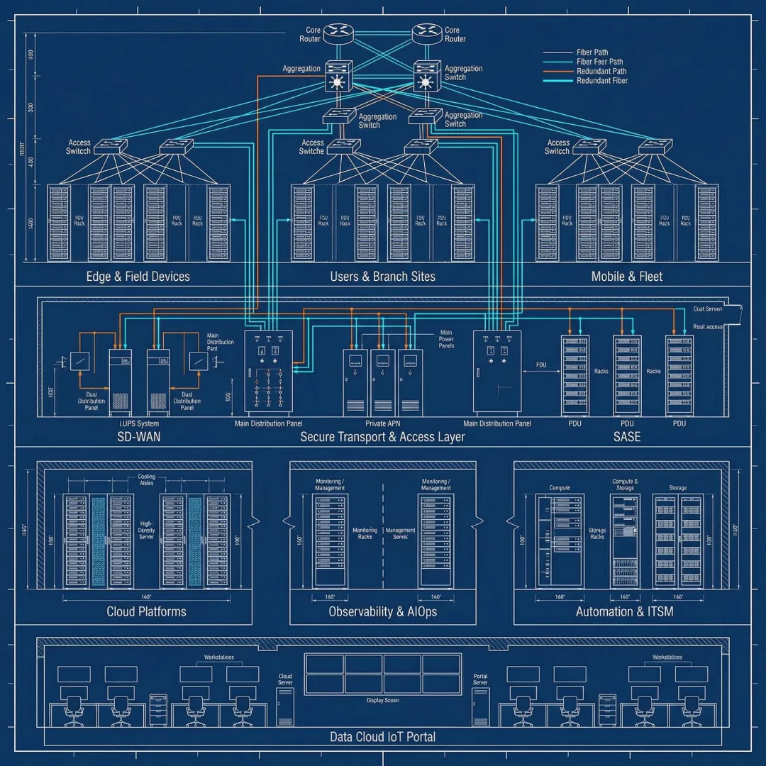 Data center design blueprint with network topology and infrastructure planning