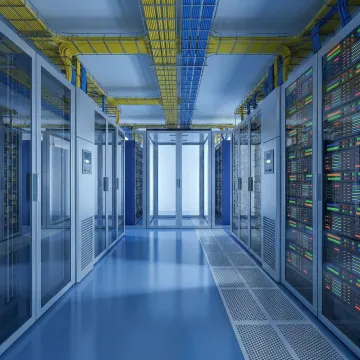 Modern enterprise data center with server racks and network infrastructure