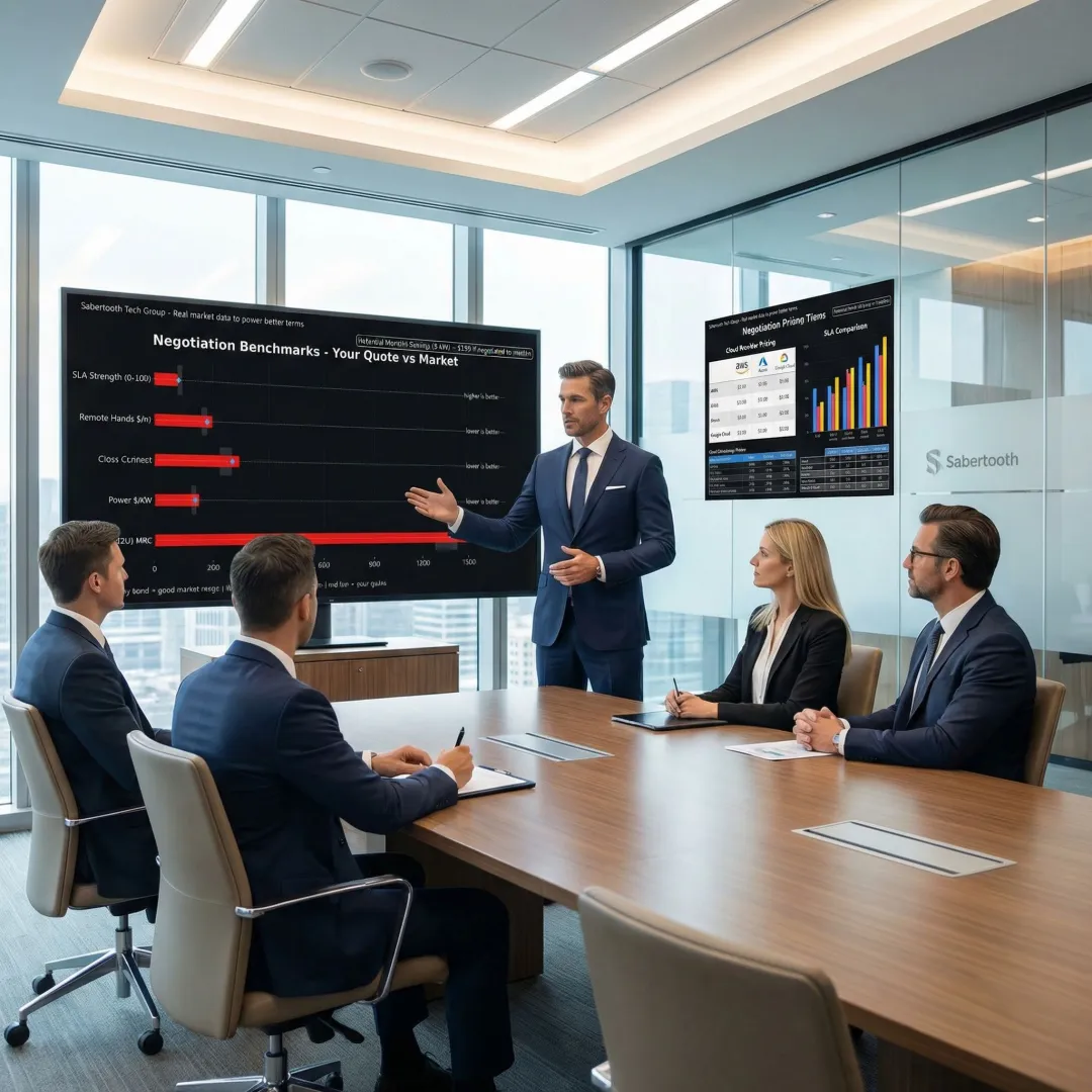 IT consultant presenting cloud service comparison charts to business executives