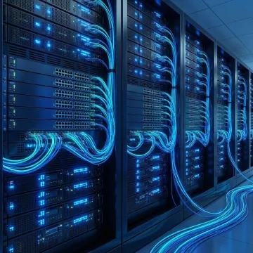 Enterprise network infrastructure with fiber optic cables and data center equipment