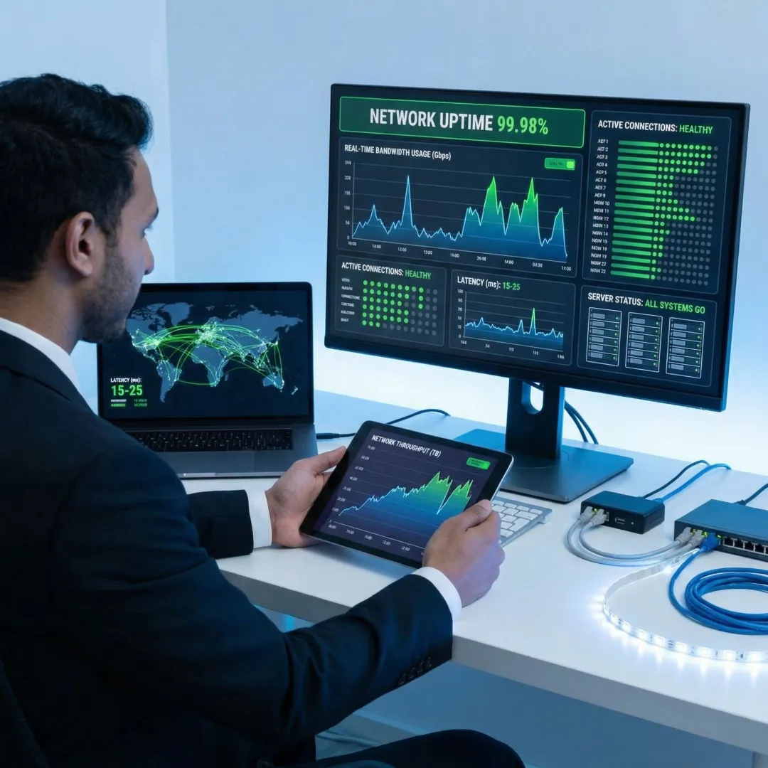 Network engineer monitoring enterprise connectivity dashboard with real-time metrics