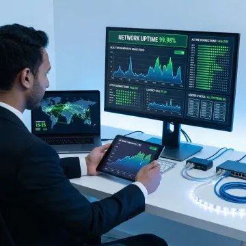 Network engineer monitoring enterprise connectivity dashboard with real-time metrics