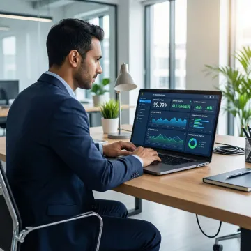 Business professional reviewing network performance dashboard on laptop in modern office