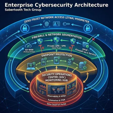 Network security diagram showing zero-trust architecture with multiple security layers and threat detection