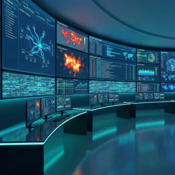 Enterprise cybersecurity operations center with security analysts monitoring threat intelligence dashboards