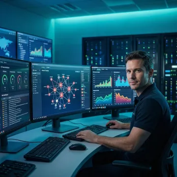 IT professional reviewing IoT device analytics on multiple screens showing device health metrics