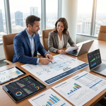 Business professional reviewing SD-WAN network architecture diagrams and performance reports