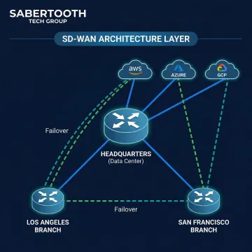 SD-WAN network diagram showing California multi-site connectivity