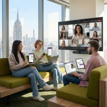 Modern New York office with professionals using cloud-based unified communications on multiple devices
