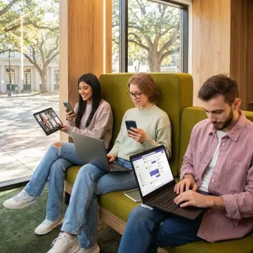Small business team collaborating using cloud phone system on multiple devices