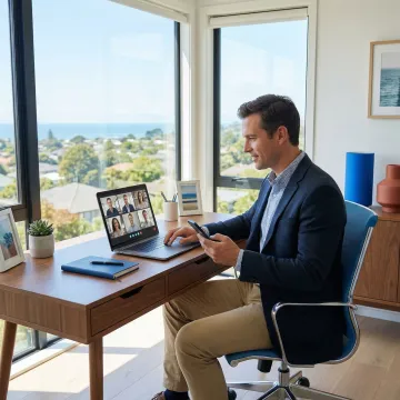 Business professional using cloud VoIP phone system on laptop and mobile device