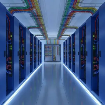 Modern enterprise data center facility with server racks and fiber optic cabling in Colorado