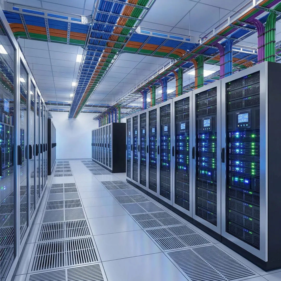 Enterprise IT infrastructure with redundant power and cooling systems in modern data center